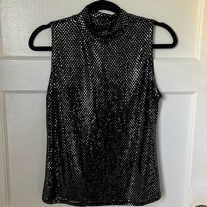 Black & Gray Sequin Mock Neck Sleeveless Top.